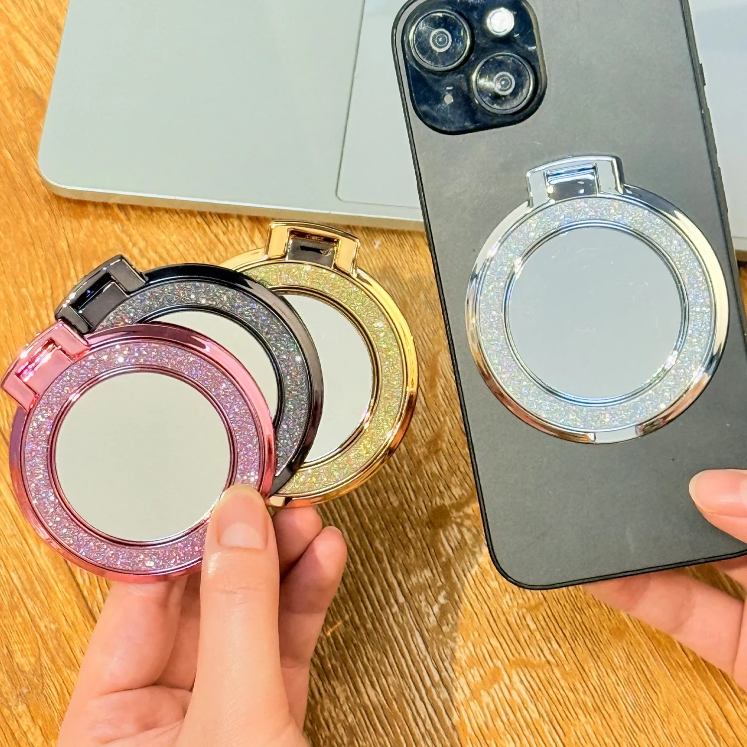 Pop Socket Grip - Glänzender Diamant-Handyringhalter mit rundem Spiegelständer, universell